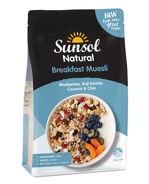 Sunsol Natural Breakfast Muesli Blueberries, Goji berries, Coconut & Chia 500g