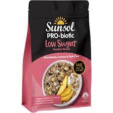 Sunsol Pro Biotic Low sugar Toasted Muesli Macadamia, Coconut & Dark Choc 400g